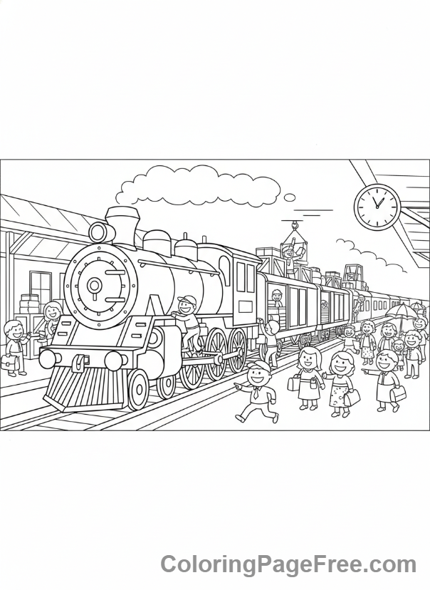 Train at Station Coloring Page