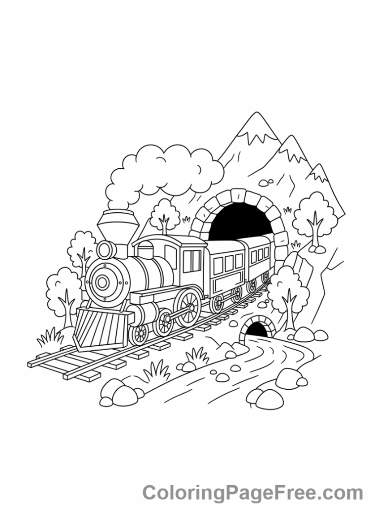 Train coloring page - Train entering tunnel