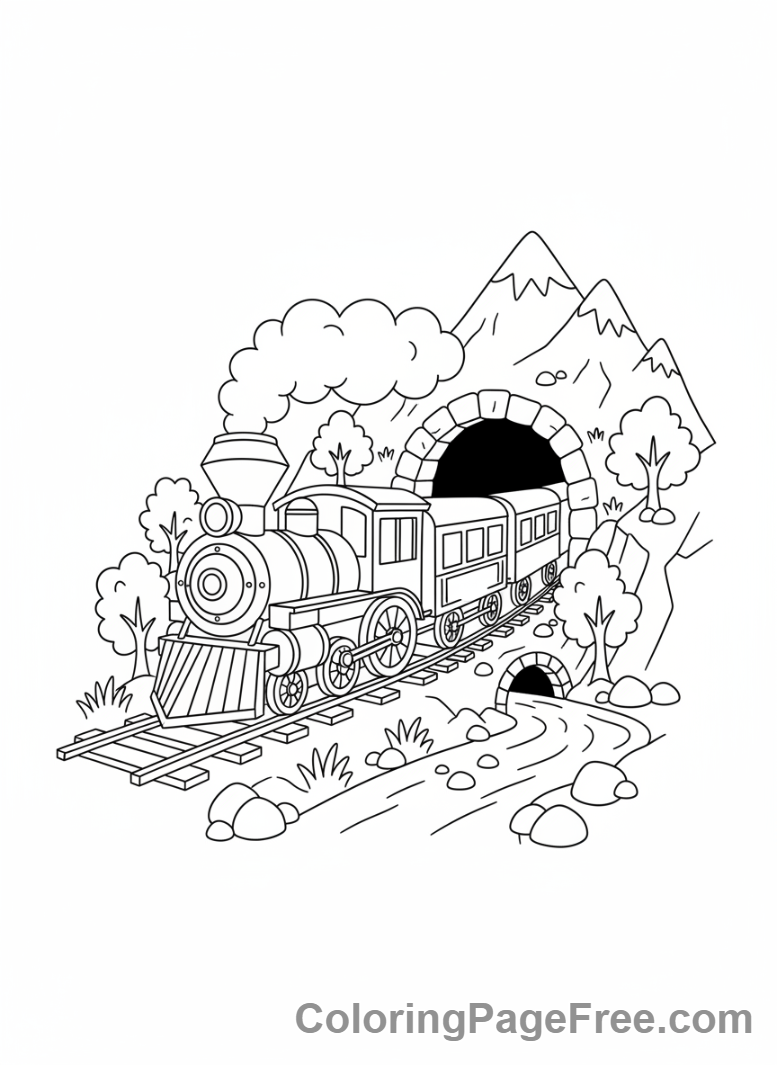 Train Entering Tunnel Coloring Page
