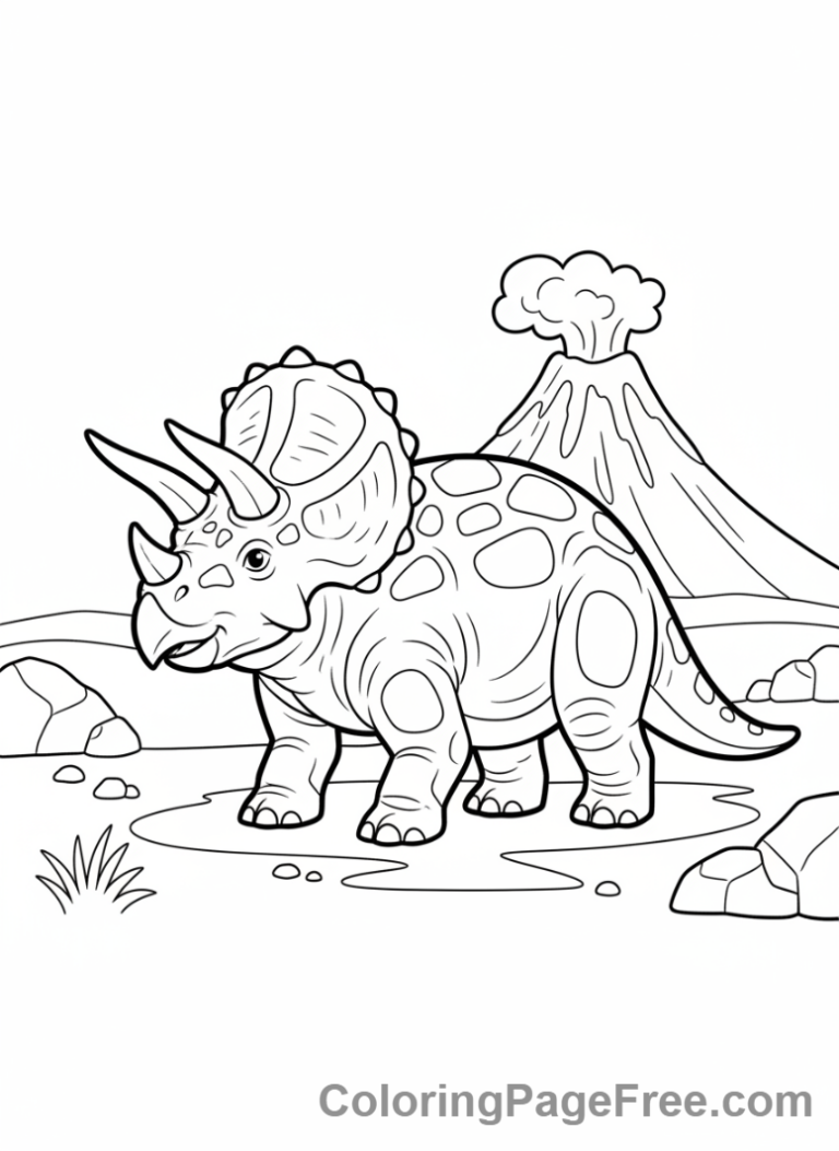 Triceratops coloring page - Triceratops with volcano