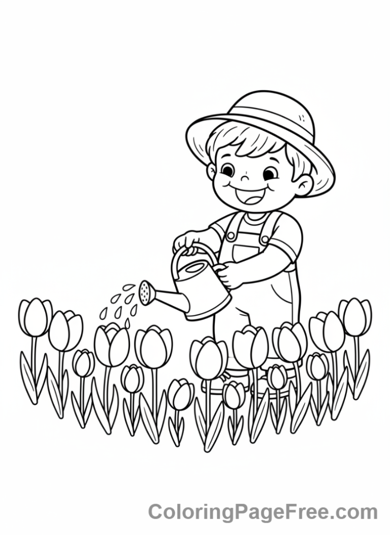 Tulip coloring page - Child watering tulips
