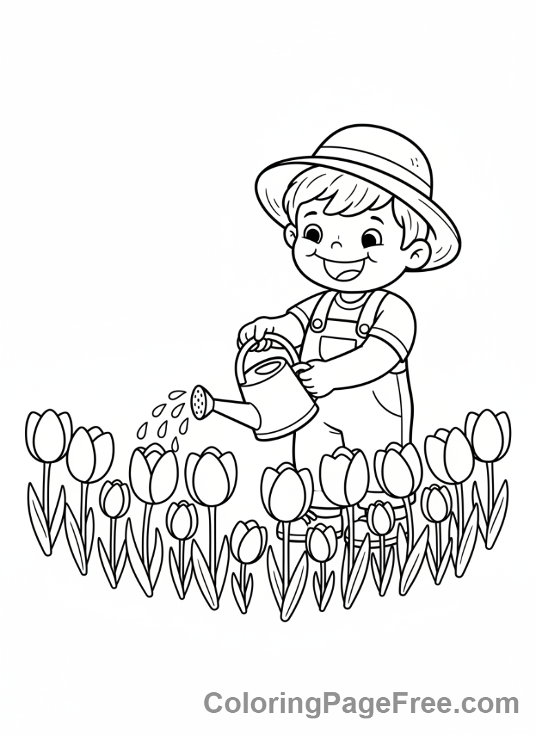 Tulip coloring page - Child watering tulips