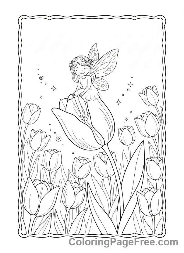 Tulip coloring page - Fairy among tulips
