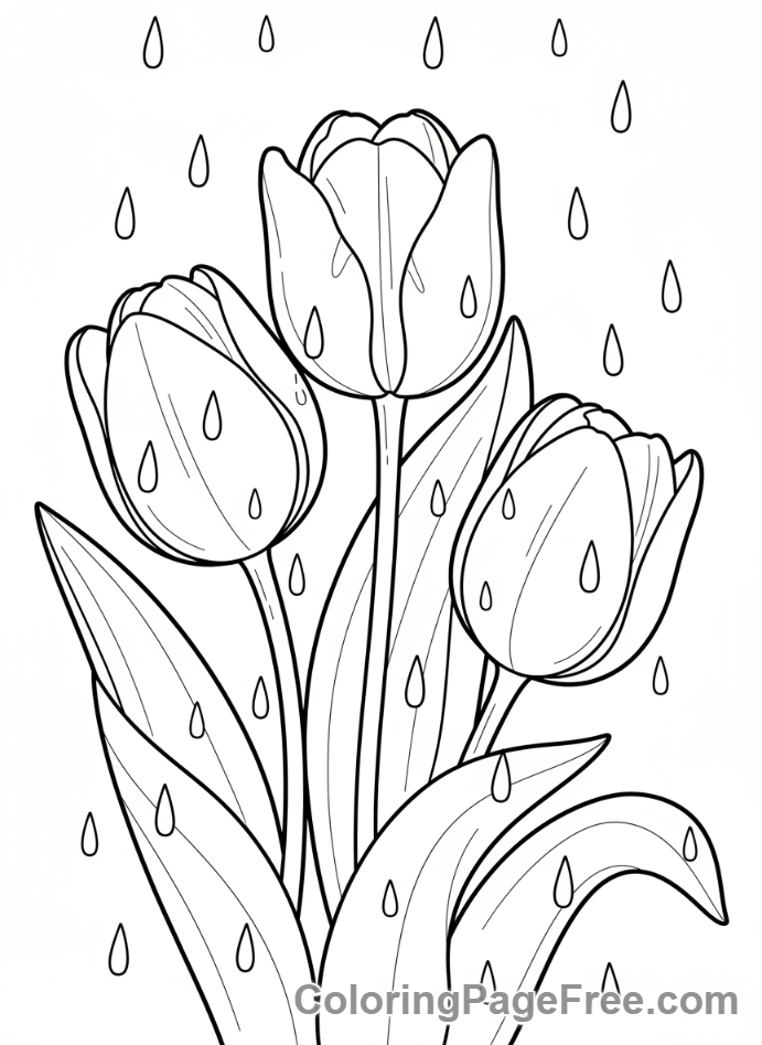 Tulip coloring page - Rainy tulips raindrops