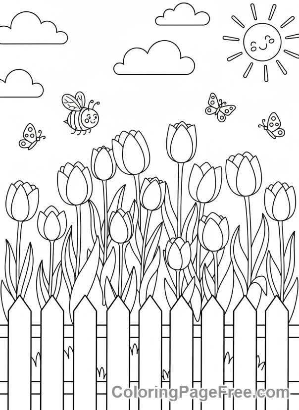 Tulip coloring page - Tulips garden bee