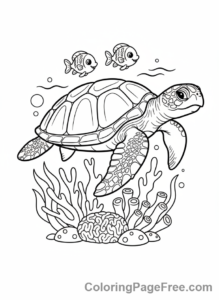 Turtle coloring page - Turtle with fish
