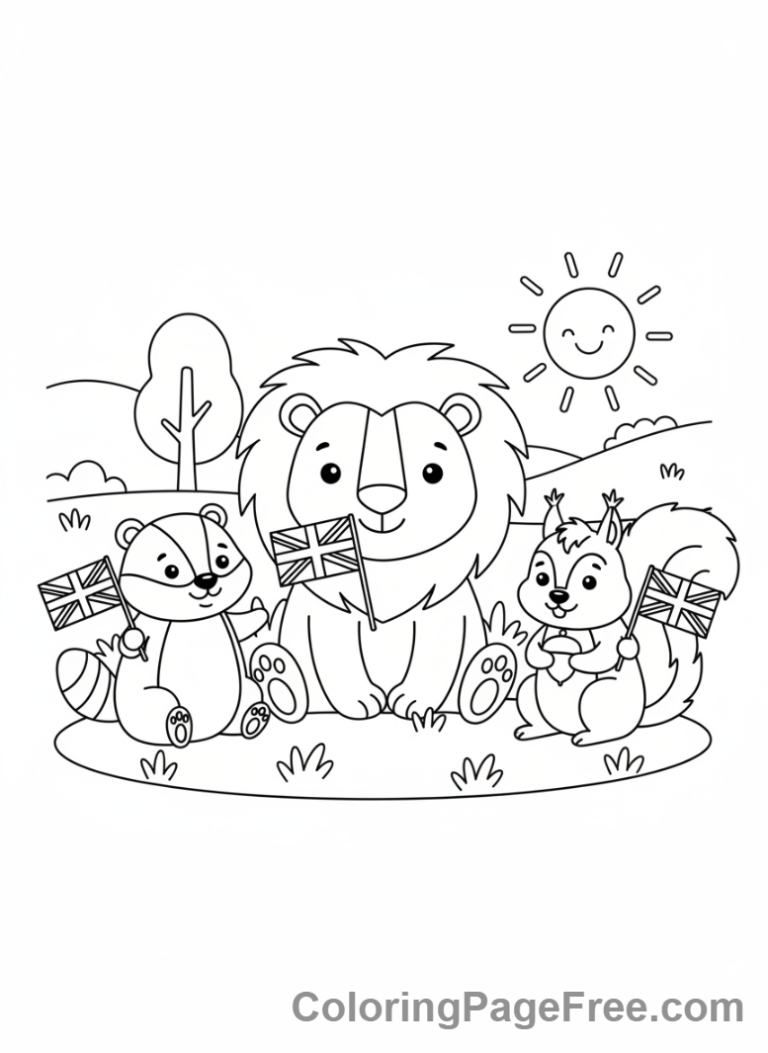 Uk Flag coloring page - Animals holding flags