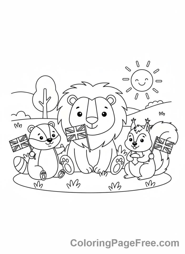 Uk Flag coloring page - Animals holding flags