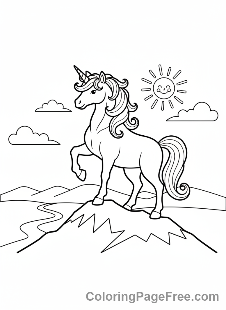 Unicorn coloring page - Unicorn mountain peak