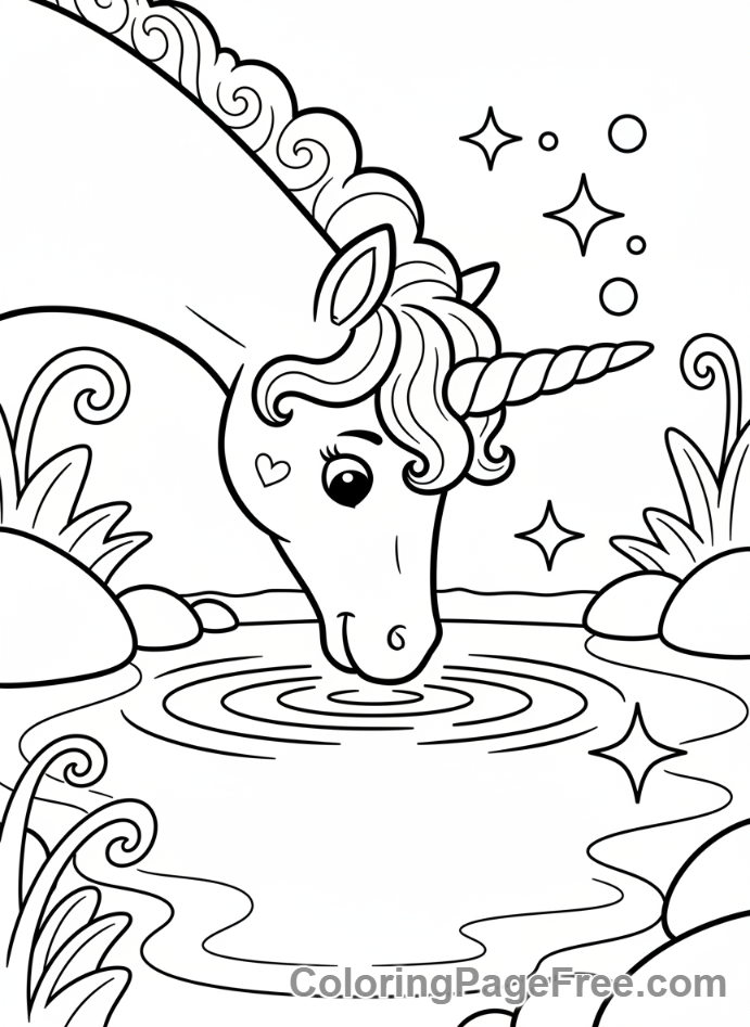 Unicorn coloring page - Unicorn pond drink