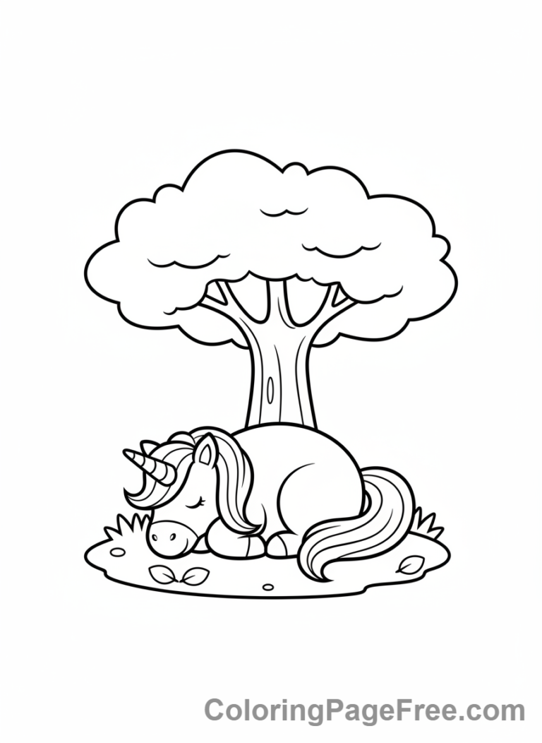 Unicorn coloring page - Unicorn sleeping tree