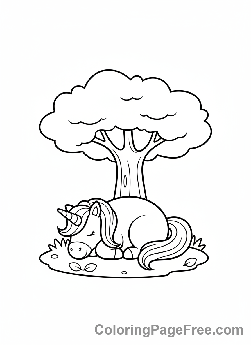 Unicorn coloring page - Unicorn sleeping tree