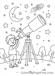 Universe coloring page - Child watching telescope