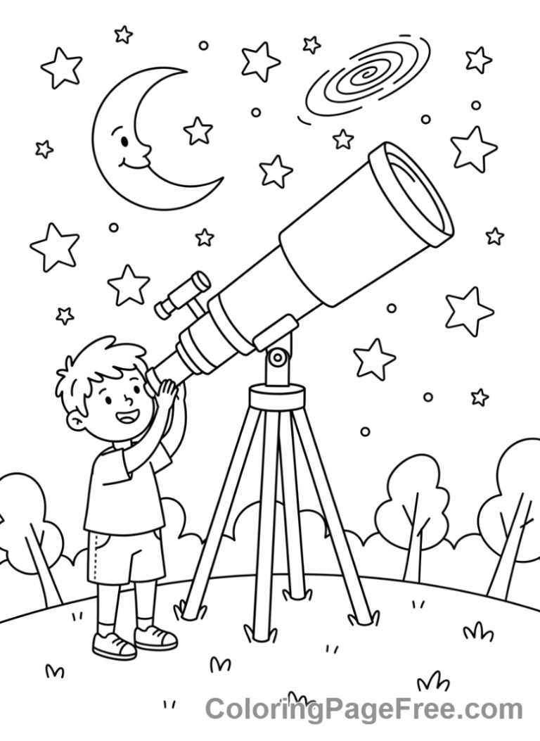 Universe coloring page - Child watching telescope
