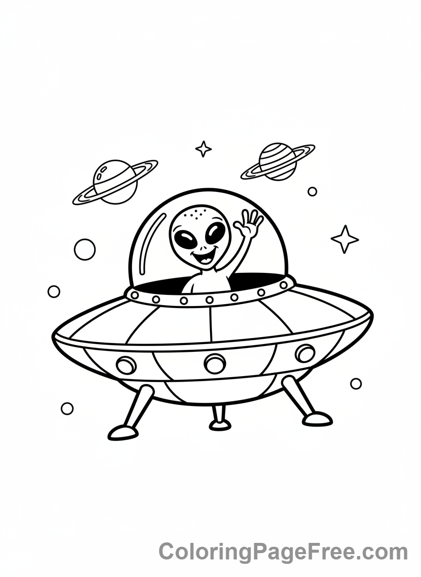 Universe coloring page - Friendly alien flying