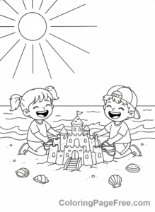 Vacation coloring page - Kids Sandcastle Fun