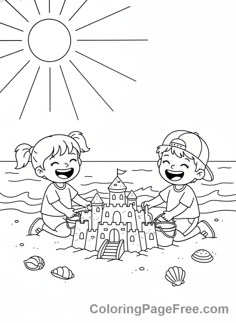 Vacation coloring page - Kids Sandcastle Fun