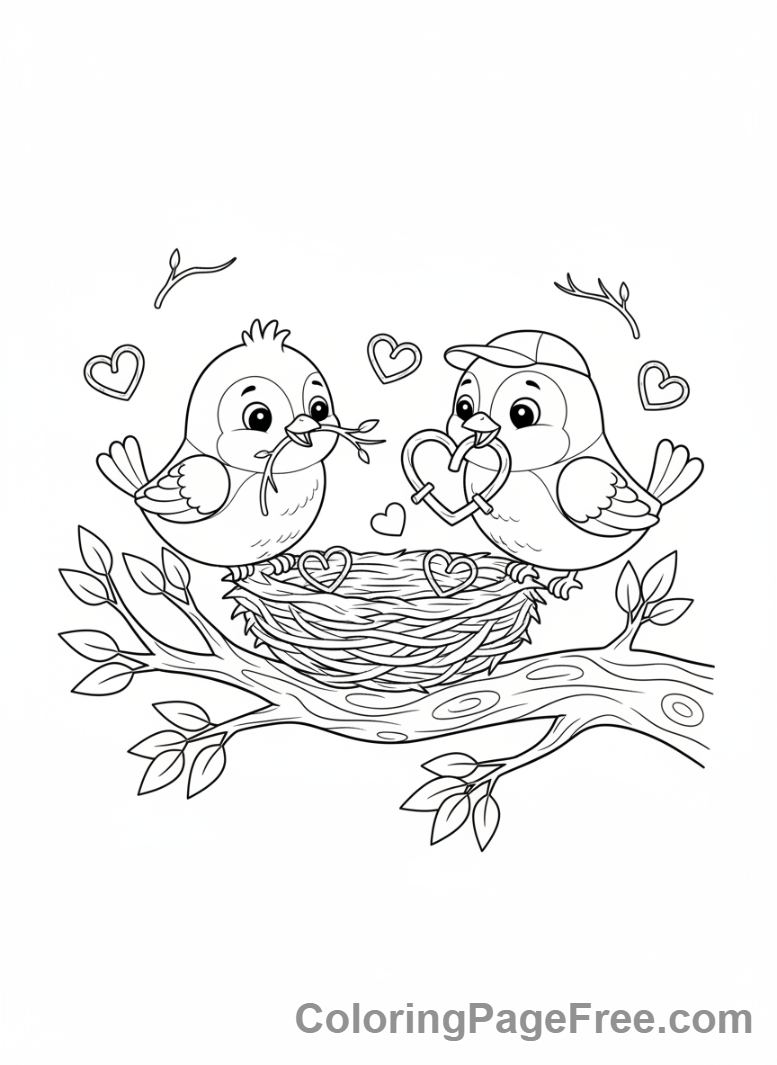 Valentines Day coloring page - Birds building heart nest