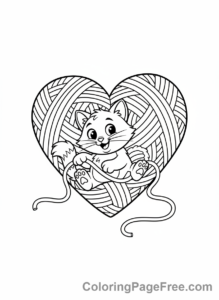 Valentines Day coloring page - Cat playing yarn heart