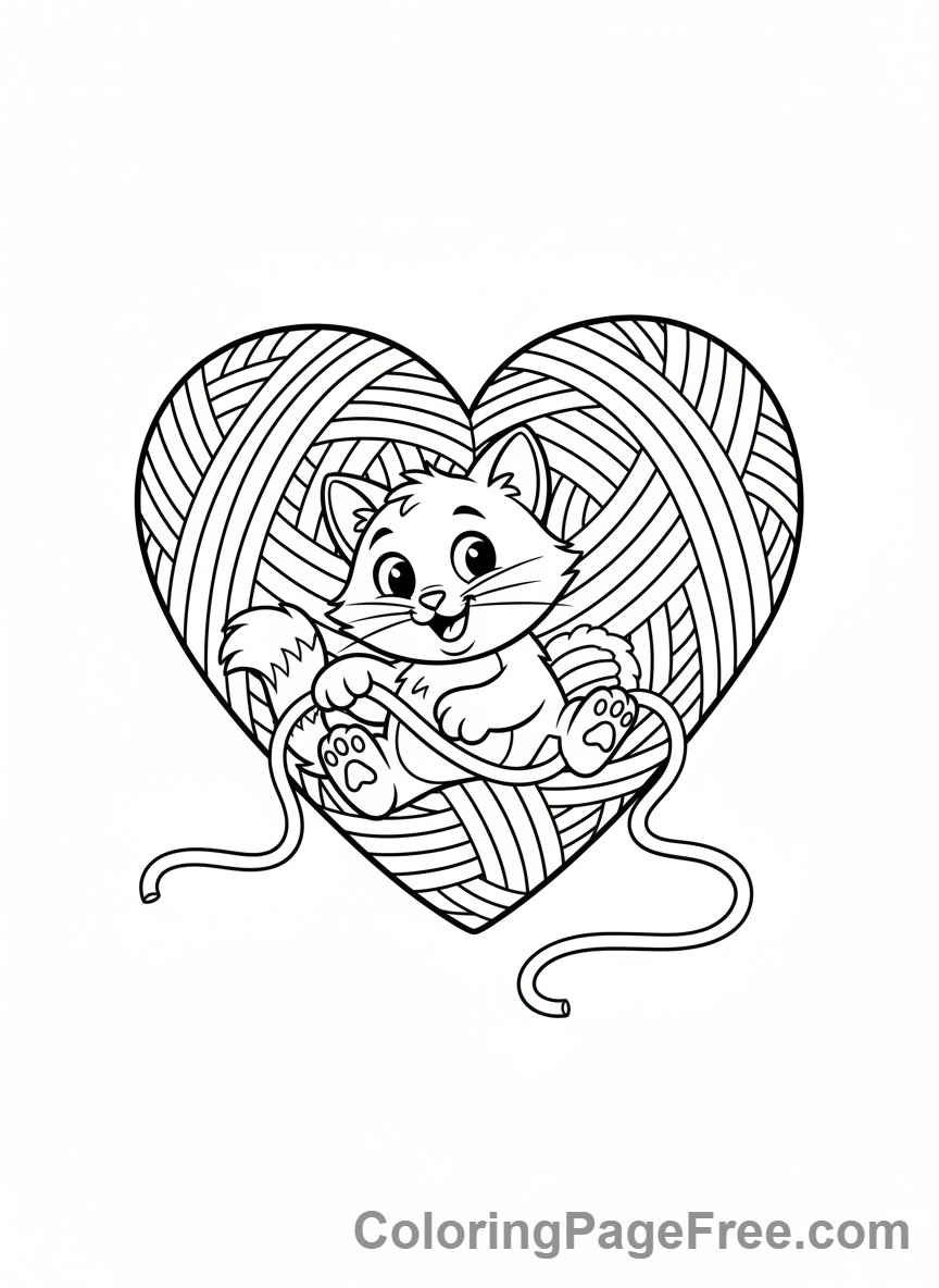 Valentines Day coloring page - Cat playing yarn heart