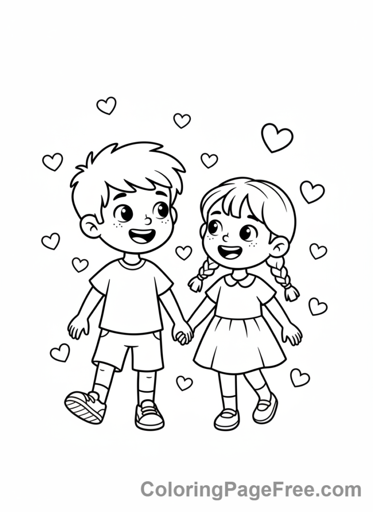 Valentines Day coloring page - Couple walking hand-in-hand