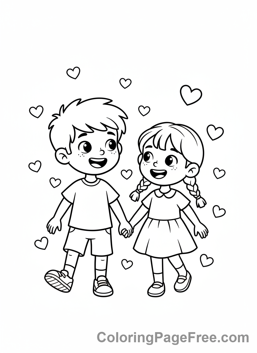 Valentines Day coloring page - Couple walking hand-in-hand