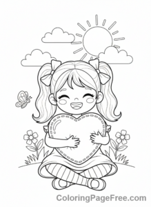 Valentines Day coloring page - Girl hugging heart pillow