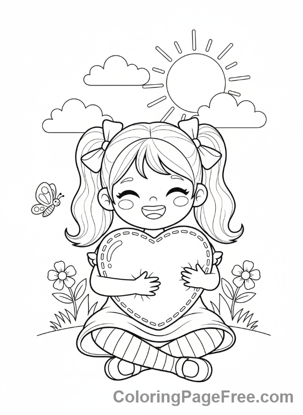 Valentines Day coloring page - Girl hugging heart pillow