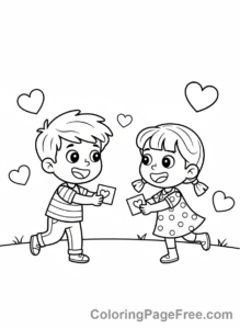 Valentines Day coloring page - Kids exchanging valentines