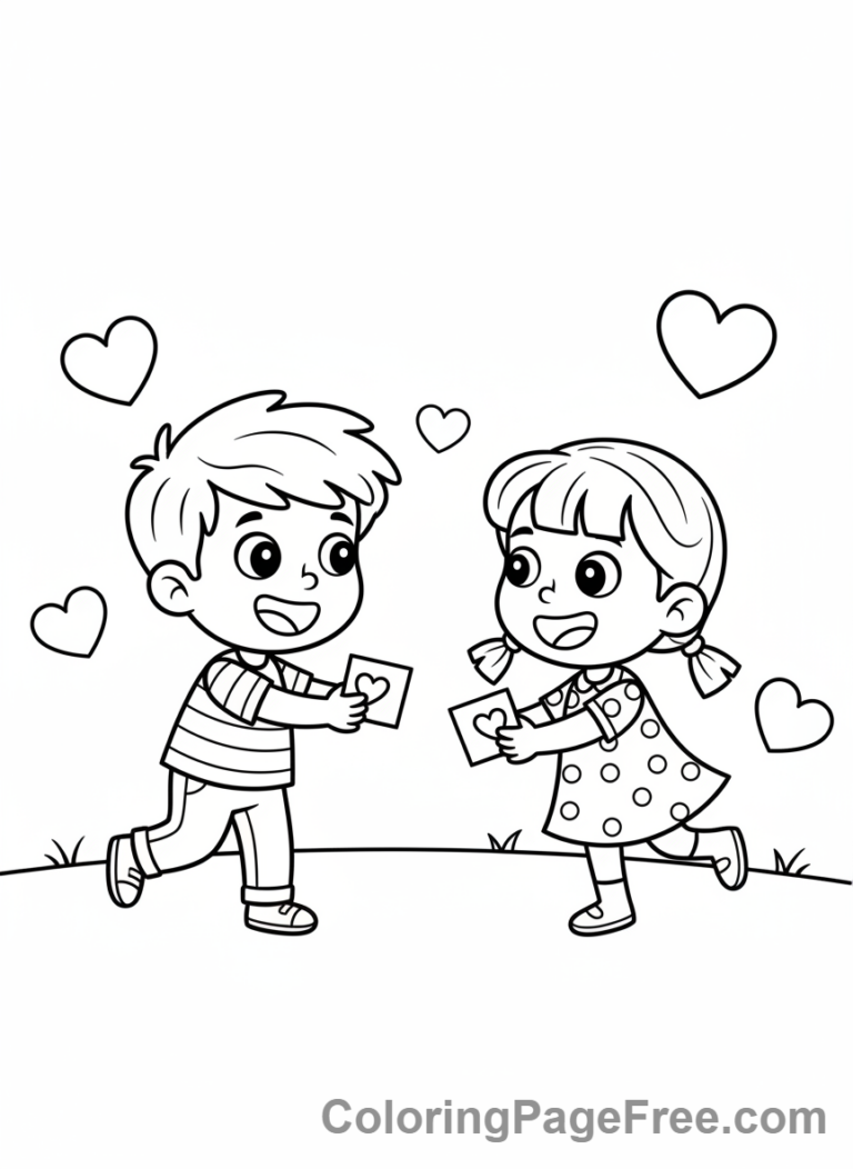 Valentines Day coloring page - Kids exchanging valentines