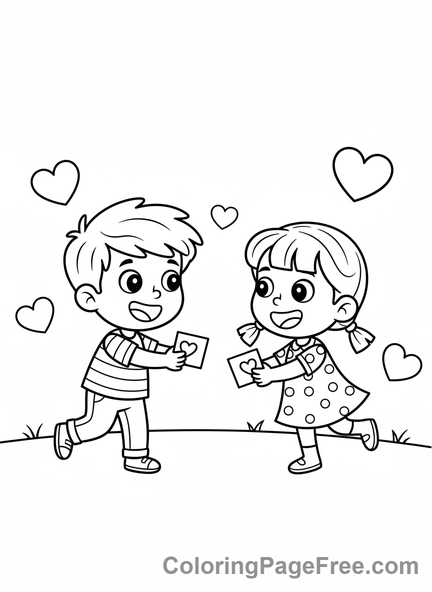Valentines Day coloring page - Kids exchanging valentines