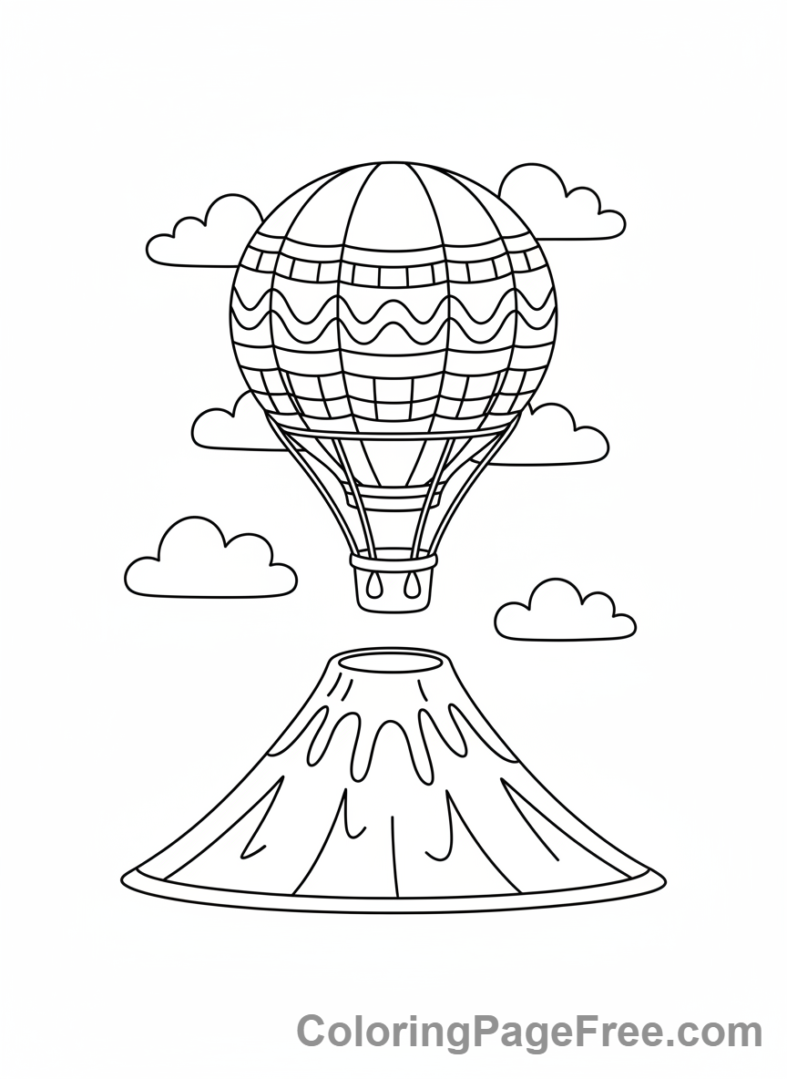 Volcano coloring page - Balloon above volcano