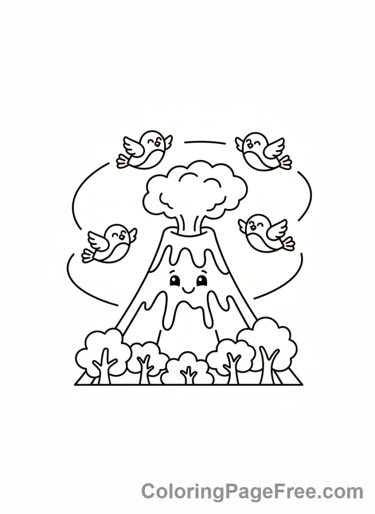 Volcano coloring page - Birds flying volcano