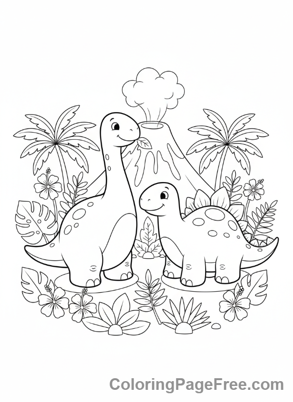 Volcano coloring page - Dinosaurs near volcano