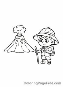 Volcano coloring page - Explorer near volcano