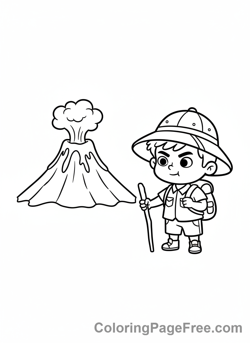 Volcano coloring page - Explorer near volcano
