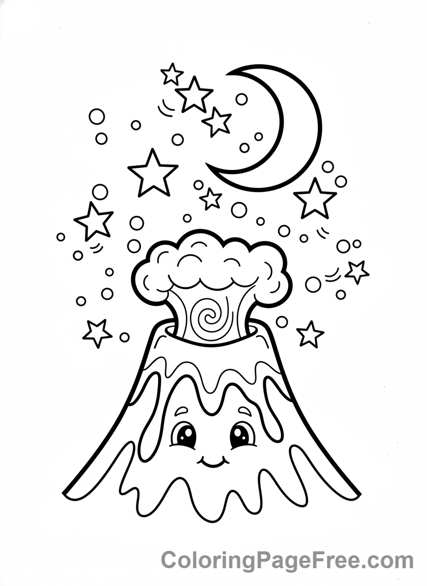 Volcano coloring page - Night volcano stars