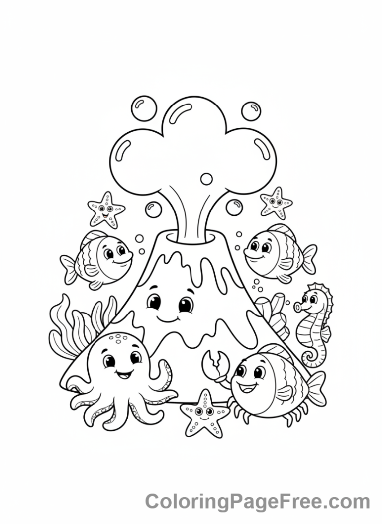Volcano coloring page - Underwater volcano fish