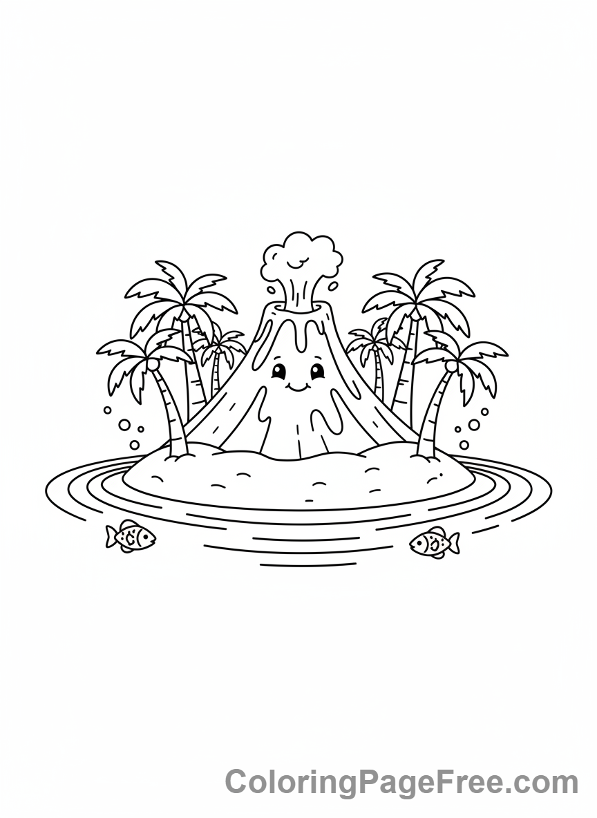 Volcano coloring page - Volcano island beach