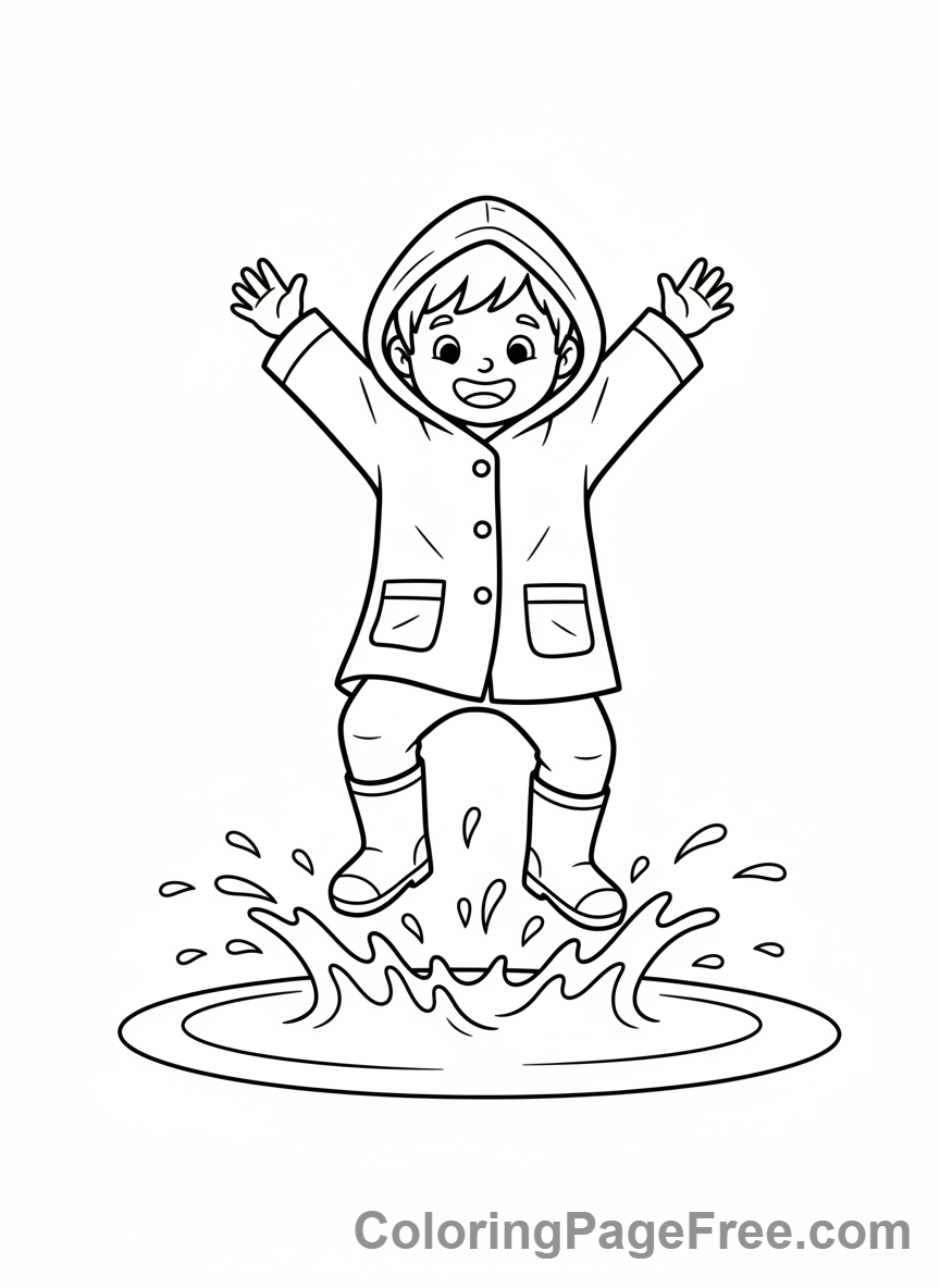 Weather coloring page - Kid jumping puddles