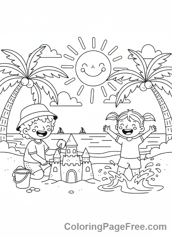 Weather coloring page - Kids beach play
