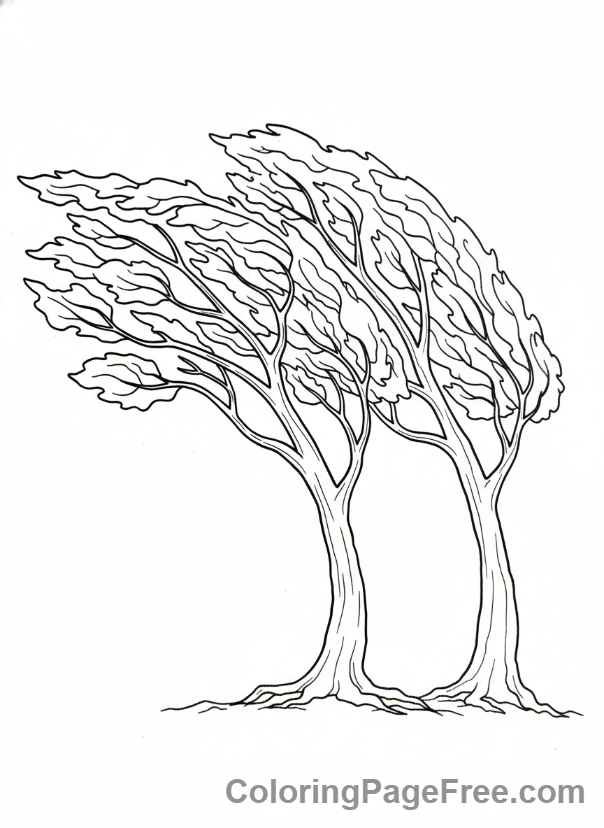 Weather coloring page - Windy trees swaying