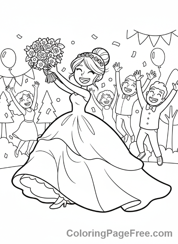 Wedding coloring page - Bouquet toss action