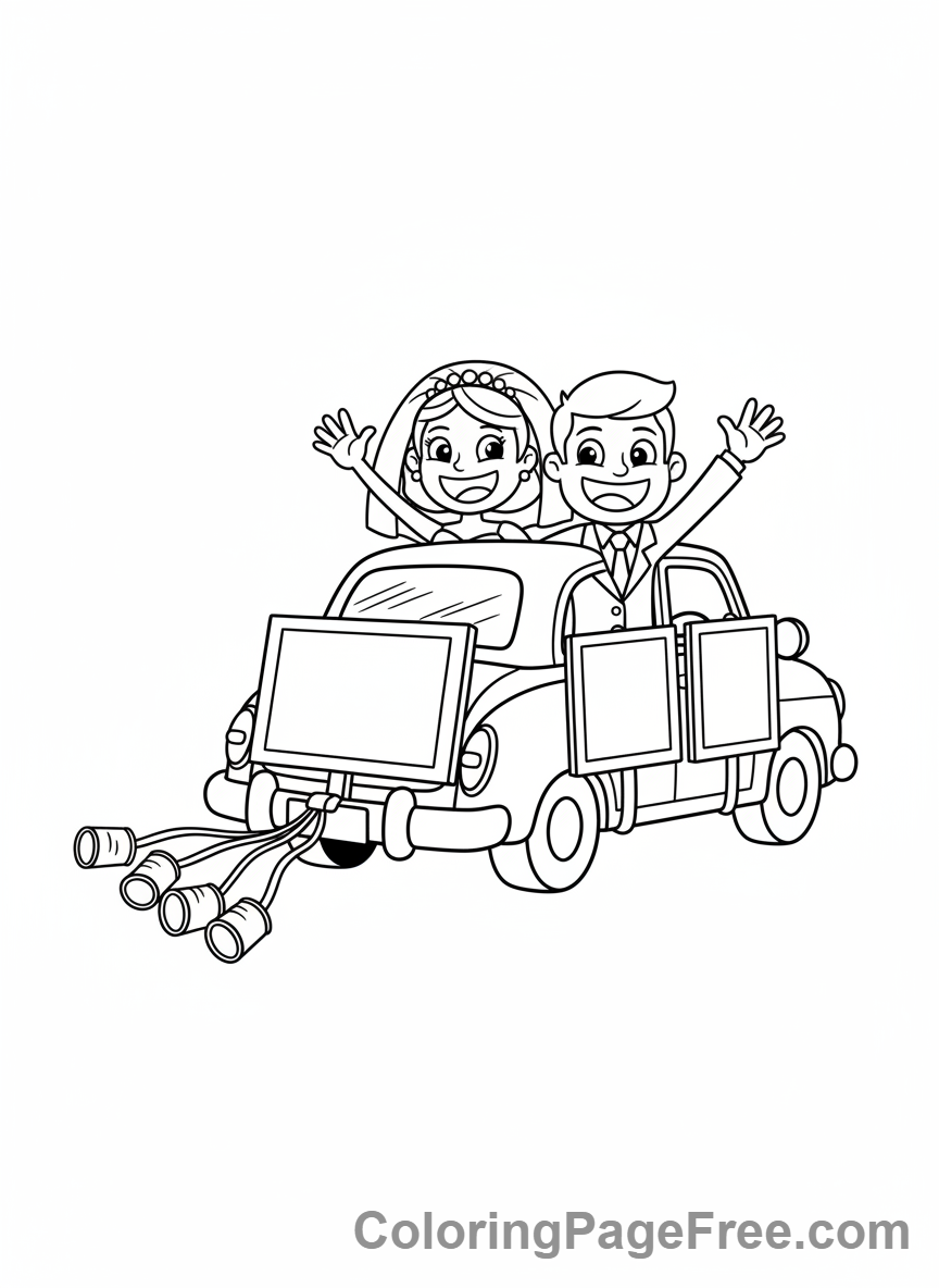 Wedding coloring page - Couple in car