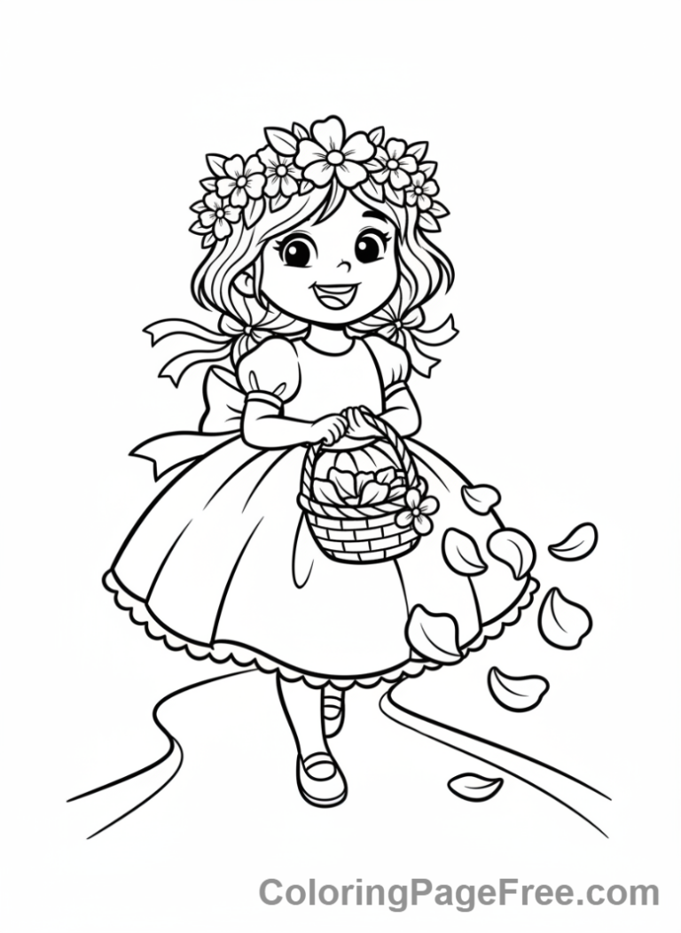 Wedding coloring page - Flower girl walking