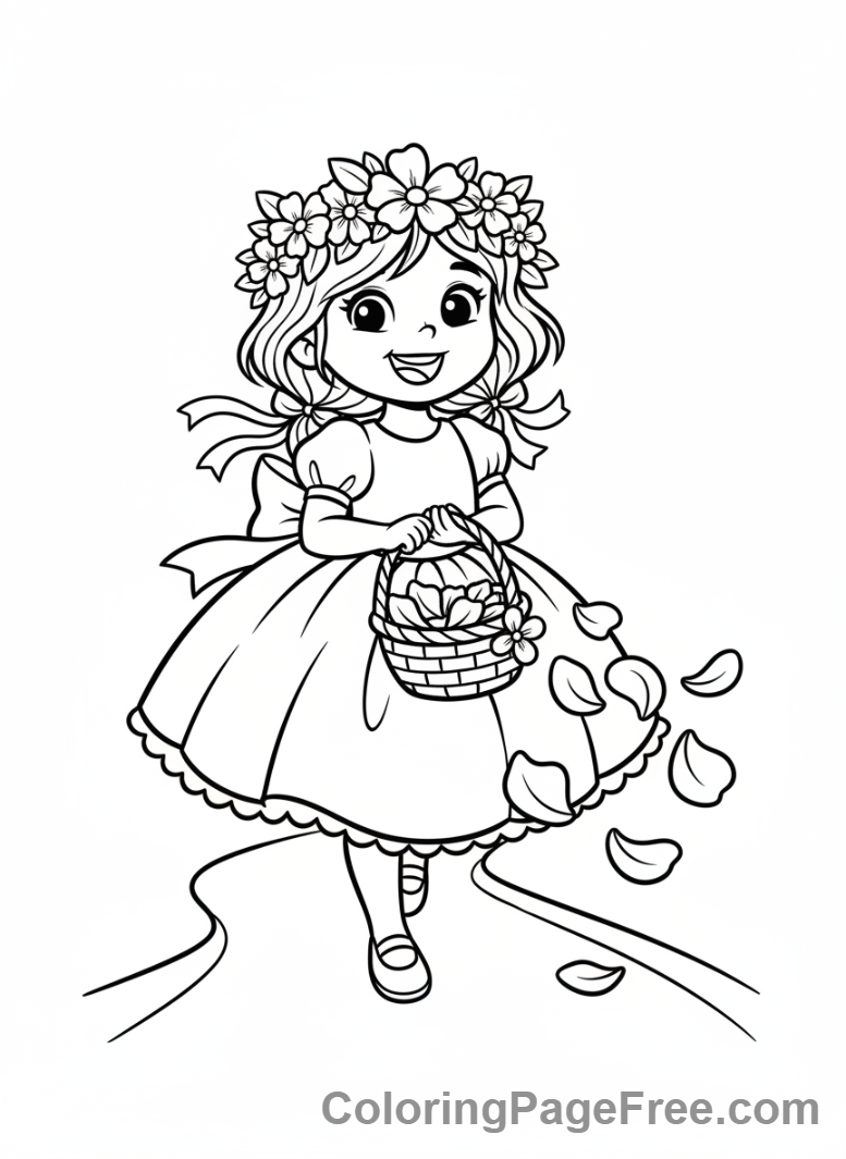 Wedding coloring page - Flower girl walking