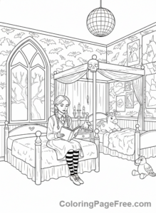 Wednesday coloring page - Wednesday in dorm