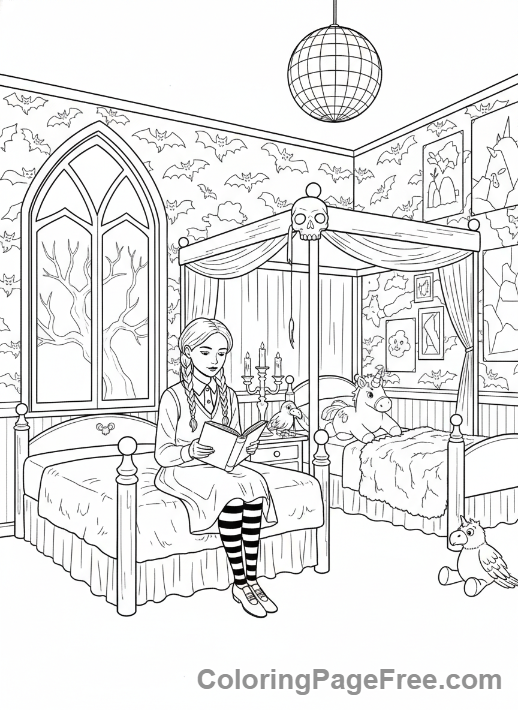 Wednesday coloring page - Wednesday in dorm