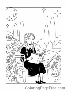 Wednesday coloring page - Wednesday reading thoughtful
