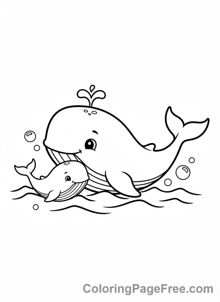 Mother and baby whale swimming together coloring page